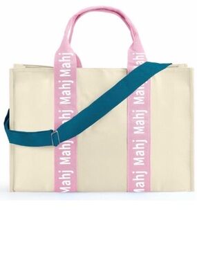 Canvas Mahjong Carrying Tote Bag with Pink Handles and Teal Strap